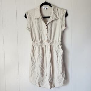 GILLI Linen Khaki Romper S Tan Collared Short Sleeve Elastic Waist Buttons